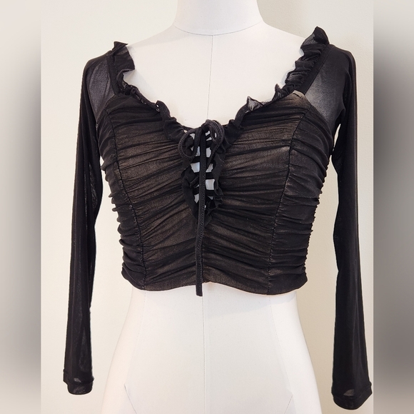 Luxxel Tops - || LUXXEL || Black mesh crop top, lined, v neck, long sleeved, sz small